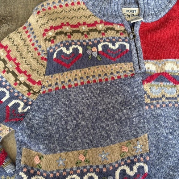 Koret City Blue VTG Patchwork Knit Sweater Heart Floral Embroidery Womens Sz M - Picture 8 of 8
